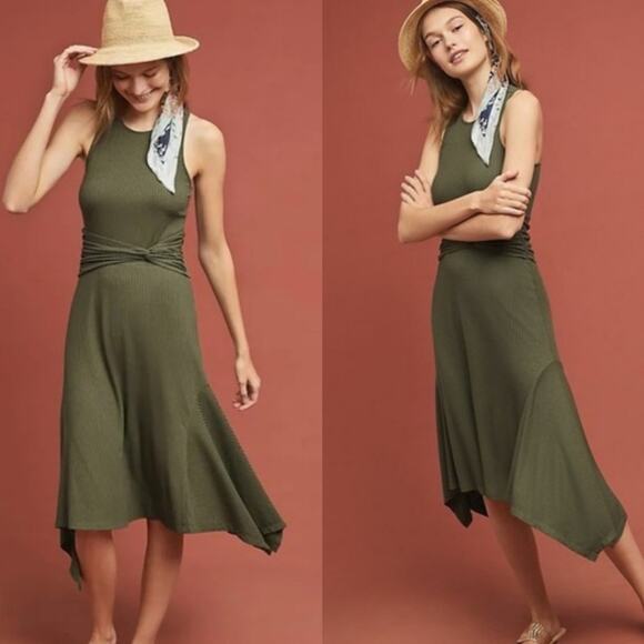 Anthropologie Olive Green Kingsolver Ribbed Midi Dress Small - Picture 1 of 11